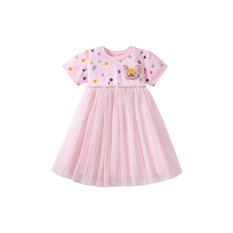 Summer Arrival Polka Dots Pattern Short Sleeves Tulle Patchwork Dress for Stylish Girls-4