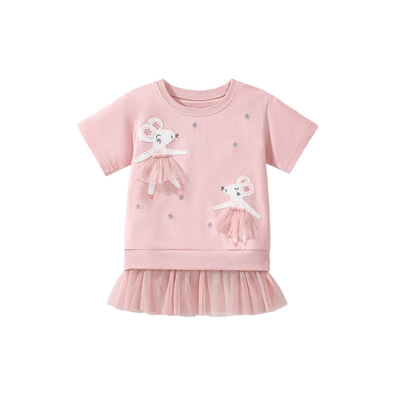 Summer Arrival Dancing Mouse Pattern Short Sleeves Tulle Dress for Stylish Girls-4