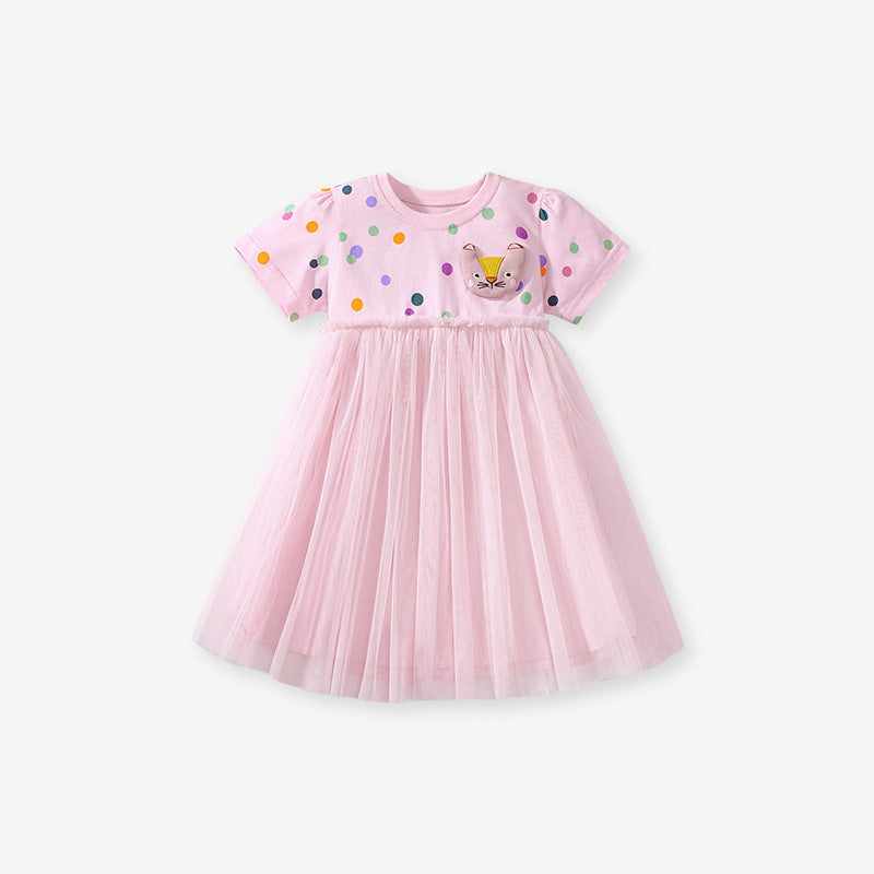 Summer Arrival Polka Dots Pattern Short Sleeves Tulle Patchwork Dress for Stylish Girls-0