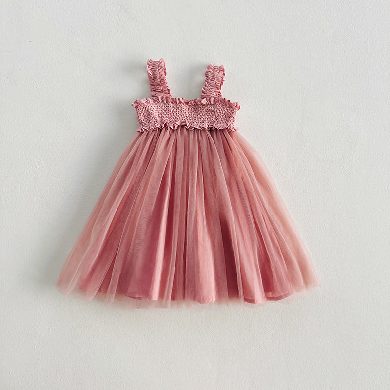 Summer Baby Kids Girls Sleeveless Solid Color Mesh Patchwork Design Off Shoulder Strap Dress-5