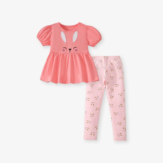 Summer Baby Kids Cartoon Rabbit Pattern T-shirt and Striped Pants 2-Piece Clothing Set for Girls-0