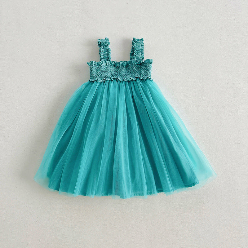 Summer Baby Kids Girls Sleeveless Solid Color Mesh Patchwork Design Off Shoulder Strap Dress-1
