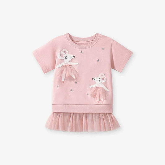 Summer Arrival Dancing Mouse Pattern Short Sleeves Tulle Dress for Stylish Girls-0