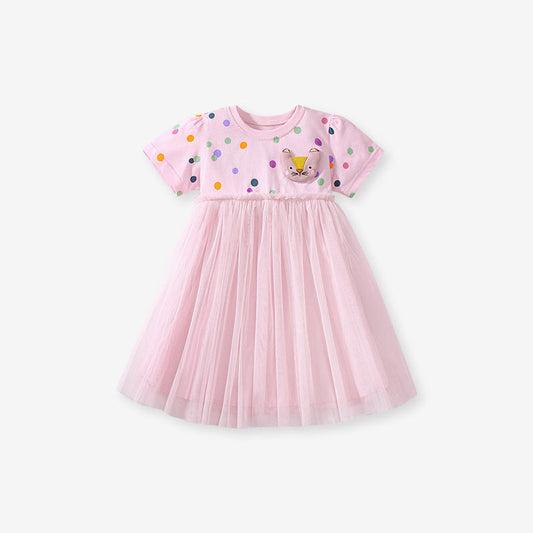 Summer Arrival Polka Dots Pattern Short Sleeves Tulle Patchwork Dress for Stylish Girls-0