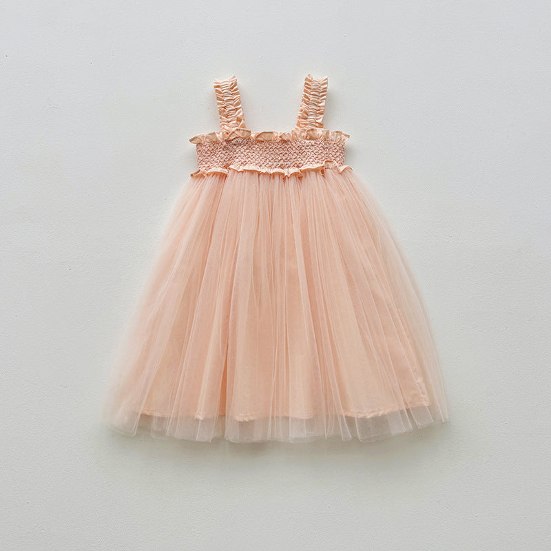 Summer Baby Kids Girls Sleeveless Solid Color Mesh Patchwork Design Off Shoulder Strap Dress-2