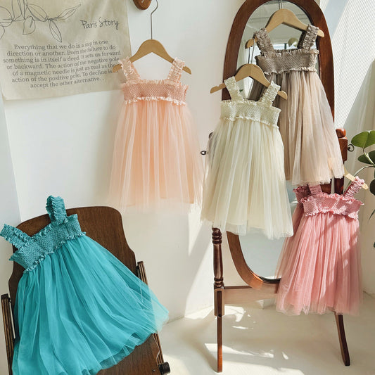 Summer Baby Kids Girls Sleeveless Solid Color Mesh Patchwork Design Off Shoulder Strap Dress-0